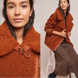 Marrakech Anthropologie rust orange teddy coat moto zip sherpa jacket